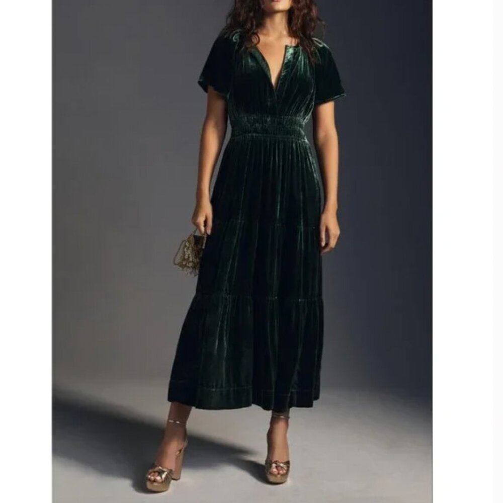 Anthropologie Forest Green Velvet Maxi Dress
